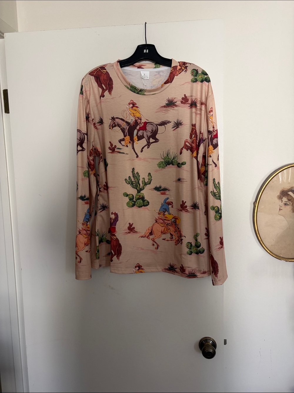 Long-Sleeve Cowboy Print Top in Beige